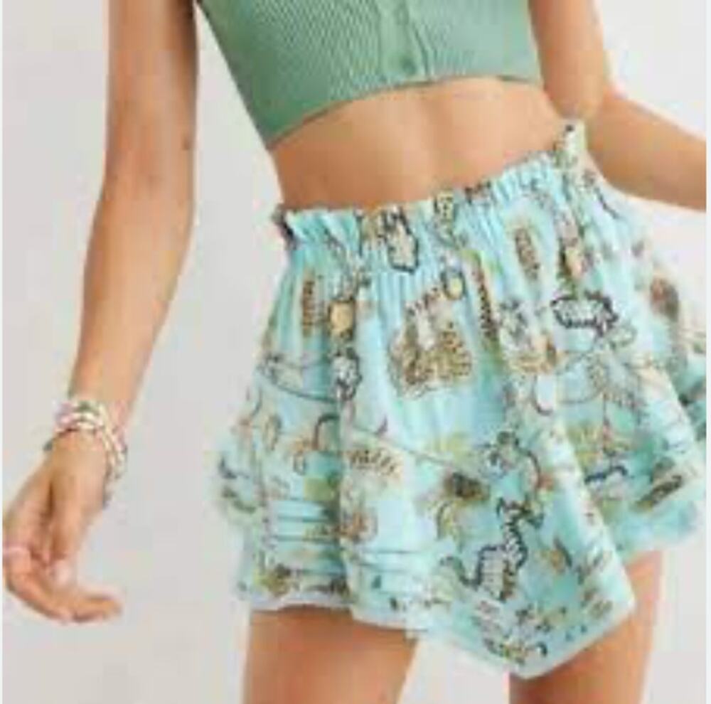 2/$30 Aerie Rock And Ruffle Floral Cotton Mini Skirt Blue Flowy Skort Size S